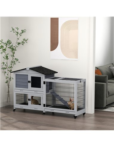 PawHut Portable Rabbit Cage, Rabbit Hutch with Run, Wheels, Three Slide-Out Trays, Ramp, Openable Top for Outdoor Indoor - Grey
