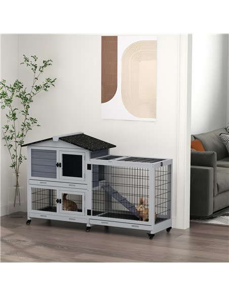 PawHut Portable Rabbit Cage, Rabbit Hutch with Run, Wheels, Three Slide-Out Trays, Ramp, Openable Top for Outdoor Indoor - Grey - pic 149790 | FastDaddyshop