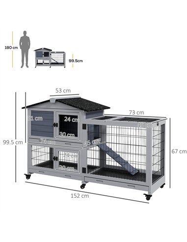 PawHut Portable Rabbit Cage, Rabbit Hutch with Run, Wheels, Three Slide-Out Trays, Ramp, Openable Top for Outdoor Indoor - Grey