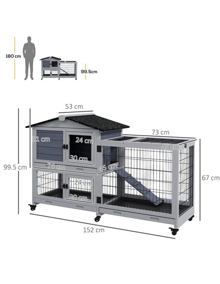 PawHut Portable Rabbit Cage, Rabbit Hutch with Run, Wheels, Three Slide-Out Trays, Ramp, Openable Top for Outdoor Indoor - Grey - pic 149791 | FastDaddyshop