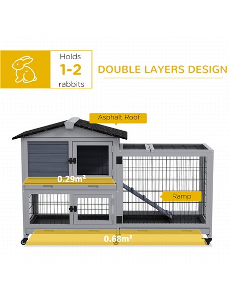 PawHut Portable Rabbit Cage, Rabbit Hutch with Run, Wheels, Three Slide-Out Trays, Ramp, Openable Top for Outdoor Indoor - Grey - pic 149792 | FastDaddyshop