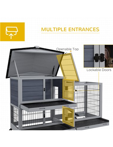 PawHut Portable Rabbit Cage, Rabbit Hutch with Run, Wheels, Three Slide-Out Trays, Ramp, Openable Top for Outdoor Indoor - Grey