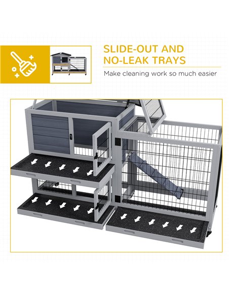 PawHut Portable Rabbit Cage, Rabbit Hutch with Run, Wheels, Three Slide-Out Trays, Ramp, Openable Top for Outdoor Indoor - Grey - pic 149794 | FastDaddyshop