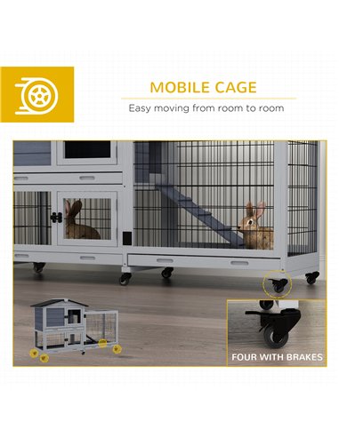 PawHut Portable Rabbit Cage, Rabbit Hutch with Run, Wheels, Three Slide-Out Trays, Ramp, Openable Top for Outdoor Indoor - Grey