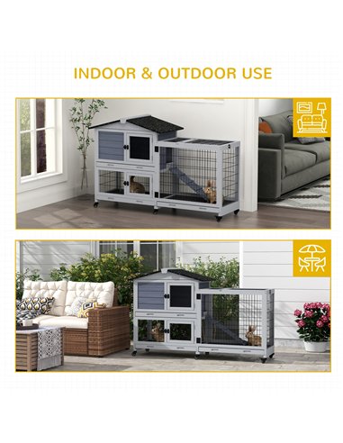 PawHut Portable Rabbit Cage, Rabbit Hutch with Run, Wheels, Three Slide-Out Trays, Ramp, Openable Top for Outdoor Indoor - Grey