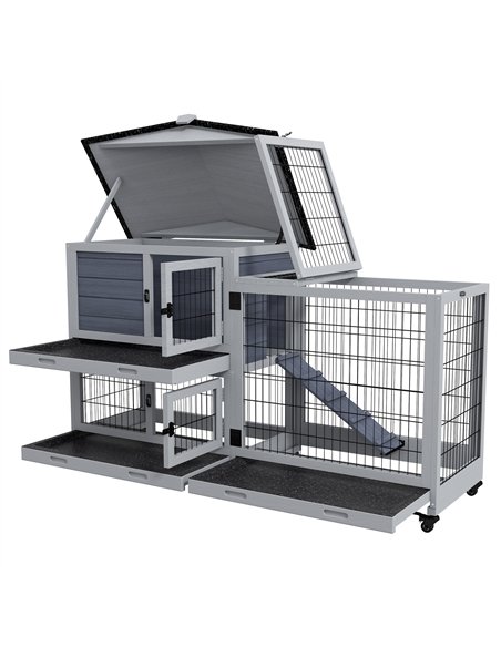 PawHut Portable Rabbit Cage, Rabbit Hutch with Run, Wheels, Three Slide-Out Trays, Ramp, Openable Top for Outdoor Indoor - Grey - pic 149797 | FastDaddyshop