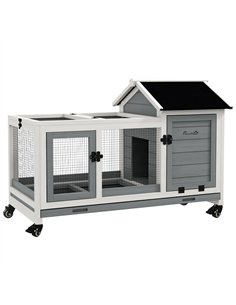 PawHut Wooden Rabbit Hutch, Guinea Pig Cage, with Removable Tray, Wheels - Grey
