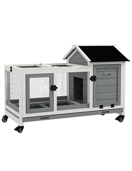 PawHut Wooden Rabbit Hutch, Guinea Pig Cage, with Removable Tray, Wheels - Grey - pic 149807 | FastDaddyshop