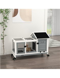 PawHut Wooden Rabbit Hutch, Guinea Pig Cage, with Removable Tray, Wheels - Grey 2