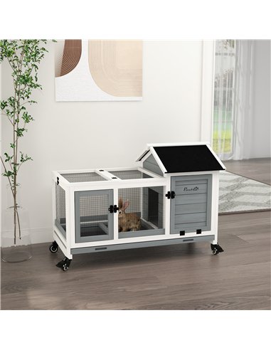 PawHut Wooden Rabbit Hutch, Guinea Pig Cage, with Removable Tray, Wheels - Grey