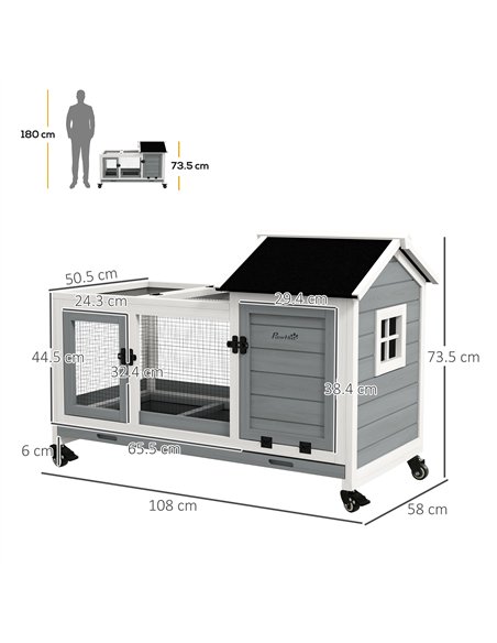 PawHut Wooden Rabbit Hutch, Guinea Pig Cage, with Removable Tray, Wheels - Grey - pic 149809 | FastDaddyshop