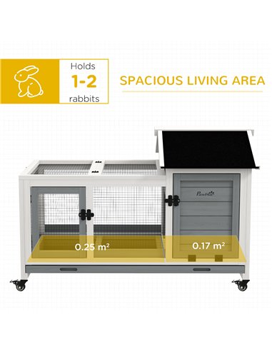 PawHut Wooden Rabbit Hutch, Guinea Pig Cage, with Removable Tray, Wheels - Grey
