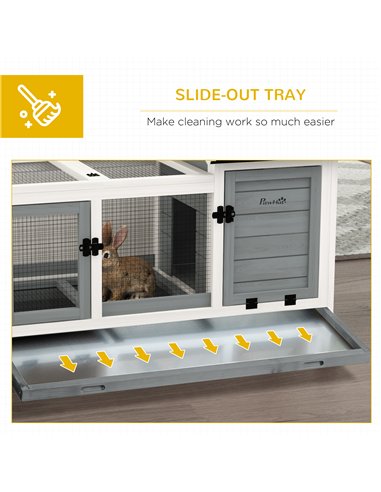 PawHut Wooden Rabbit Hutch, Guinea Pig Cage, with Removable Tray, Wheels - Grey
