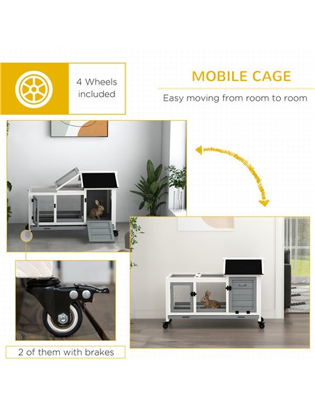 PawHut Wooden Rabbit Hutch, Guinea Pig Cage, with Removable Tray, Wheels - Grey - pic 149813 | FastDaddyshop
