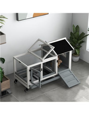 PawHut Wooden Rabbit Hutch, Guinea Pig Cage, with Removable Tray, Wheels - Grey