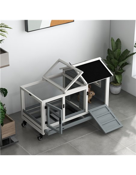 PawHut Wooden Rabbit Hutch, Guinea Pig Cage, with Removable Tray, Wheels - Grey - pic 149815 | FastDaddyshop