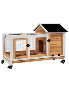 PawHut Wooden Rabbit Hutch, Guinea Pig Cage, with Removable Tray, Wheels - Yellow