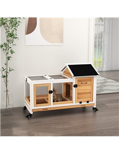 PawHut Wooden Rabbit Hutch, Guinea Pig Cage, with Removable Tray, Wheels - Yellow 2