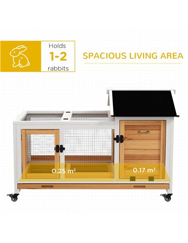 PawHut Wooden Rabbit Hutch, Guinea Pig Cage, with Removable Tray, Wheels - Yellow