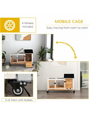 PawHut Wooden Rabbit Hutch, Guinea Pig Cage, with Removable Tray, Wheels - Yellow