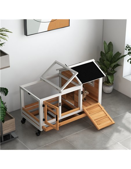 PawHut Wooden Rabbit Hutch, Guinea Pig Cage, with Removable Tray, Wheels - Yellow - pic 149824 | FastDaddyshop