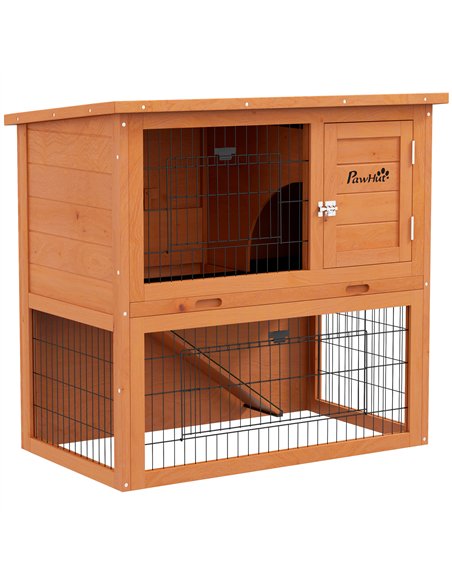 PawHut Two-Tier Antiseptic Wood Rabbit Hutch, 80cm Guinea Pig Hutch with Run - Orange - pic 149825 | FastDaddyshop