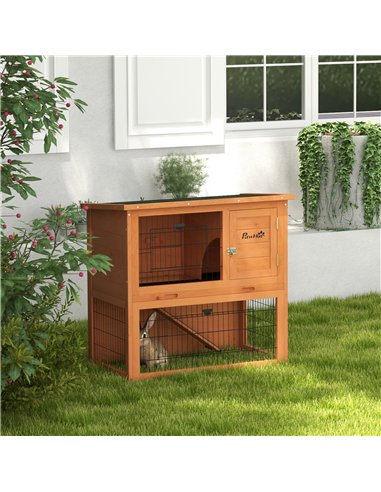 PawHut Two-Tier Antiseptic Wood Rabbit Hutch, 80cm Guinea Pig Hutch with Run - Orange
