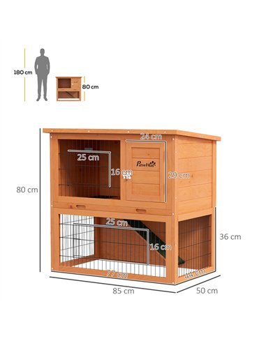 PawHut Two-Tier Antiseptic Wood Rabbit Hutch, 80cm Guinea Pig Hutch with Run - Orange