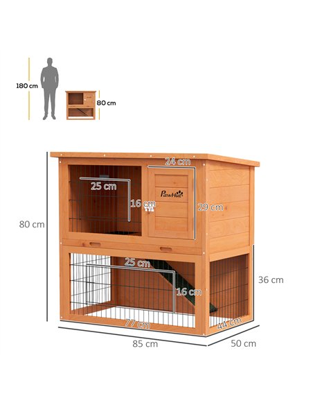 PawHut Two-Tier Antiseptic Wood Rabbit Hutch, 80cm Guinea Pig Hutch with Run - Orange - pic 149827 | FastDaddyshop