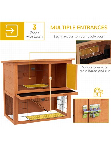 PawHut Two-Tier Antiseptic Wood Rabbit Hutch, 80cm Guinea Pig Hutch with Run - Orange