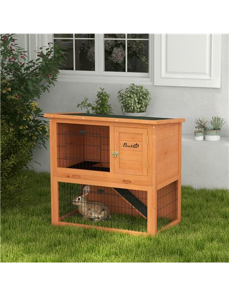 PawHut Two-Tier Antiseptic Wood Rabbit Hutch, 80cm Guinea Pig Hutch with Run - Orange - pic 149832 | FastDaddyshop