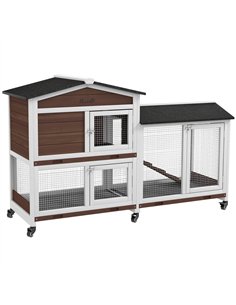 PawHut Wooden Two-Tier Pet Hutch with Wheels, Run - Brown