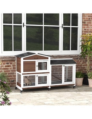 PawHut Wooden Two-Tier Pet Hutch with Wheels, Run - Brown