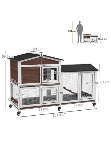 PawHut Wooden Two-Tier Pet Hutch with Wheels, Run - Brown
