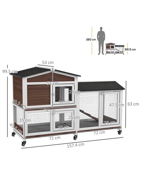 PawHut Wooden Two-Tier Pet Hutch with Wheels, Run - Brown - pic 149836 | FastDaddyshop