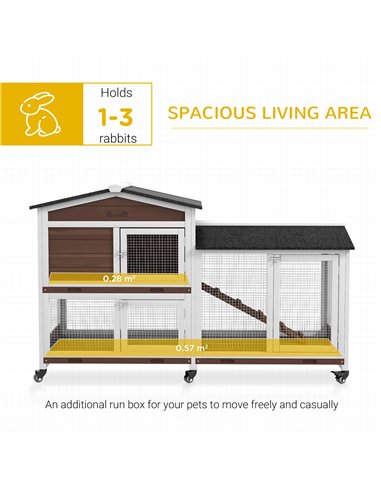 PawHut Wooden Two-Tier Pet Hutch with Wheels, Run - Brown