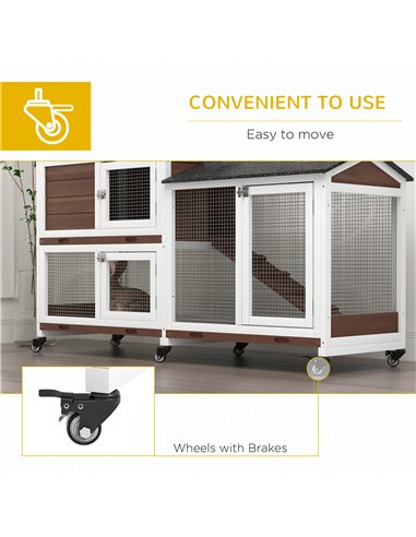 PawHut Wooden Two-Tier Pet Hutch with Wheels, Run - Brown