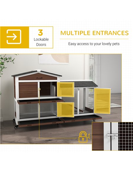 PawHut Wooden Two-Tier Pet Hutch with Wheels, Run - Brown - pic 149841 | FastDaddyshop