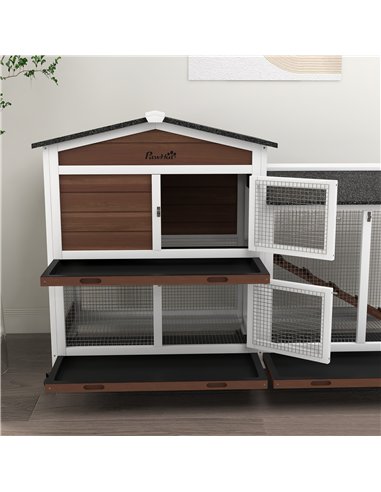 PawHut Wooden Two-Tier Pet Hutch with Wheels, Run - Brown