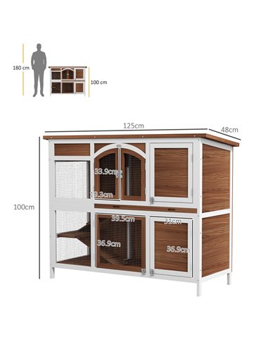 PawHut Two-Tier Wooden Pet Hutch with Openable Roof, Slide-Out Tray
