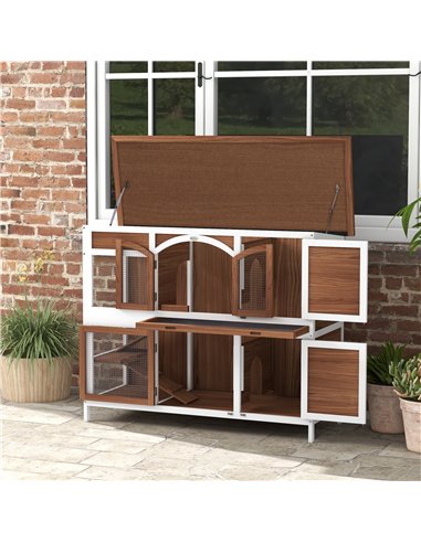 PawHut Two-Tier Wooden Pet Hutch with Openable Roof, Slide-Out Tray