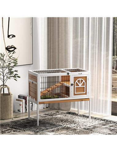 PawHut Wooden Rabbit Hutch, Guinea Pig Cage, with Removable Tray, Openable Roof