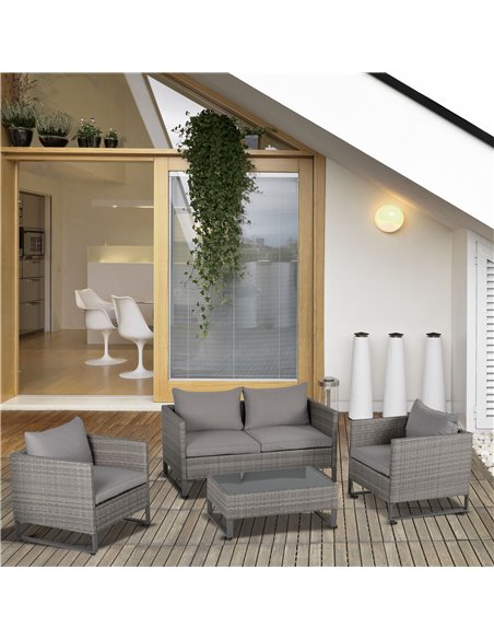Outsunny 4 Pieces PE Rattan Garden Furniture with Cushion, Glass Top Coffee Table, Grey - pic 14987 | FastDaddyshop