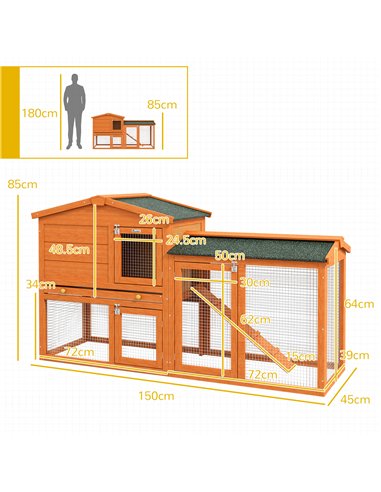 PawHut Two-Tier Rabbit Hutch with Run, Ramp, Slide-Out Tray, for Garden - Orange