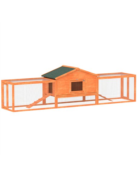 PawHut Wooden Rabbit Hutch with Run, Tray, Ramps, Asphalt Roof, 309 x 70 x 87cm, Orange - pic 149879 | FastDaddyshop