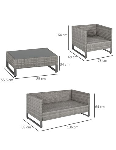 Outsunny 4 Pieces PE Rattan Garden Furniture with Cushion, Glass Top Coffee Table, Grey