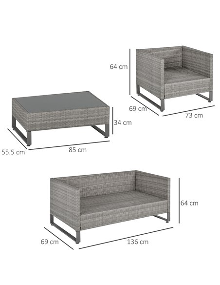 Outsunny 4 Pieces PE Rattan Garden Furniture with Cushion, Glass Top Coffee Table, Grey - pic 14988 | FastDaddyshop