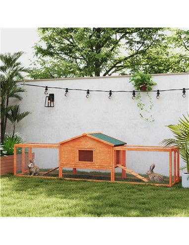 PawHut Wooden Rabbit Hutch with Run, Tray, Ramps, Asphalt Roof, 309 x 70 x 87cm, Orange