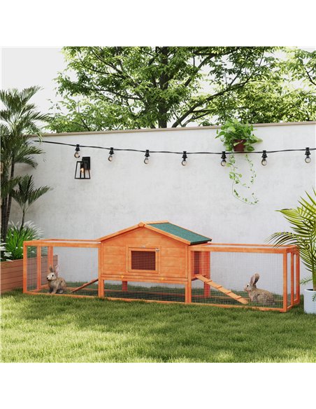 PawHut Wooden Rabbit Hutch with Run, Tray, Ramps, Asphalt Roof, 309 x 70 x 87cm, Orange - pic 149880 | FastDaddyshop