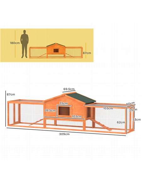 PawHut Wooden Rabbit Hutch with Run, Tray, Ramps, Asphalt Roof, 309 x 70 x 87cm, Orange - pic 149881 | FastDaddyshop